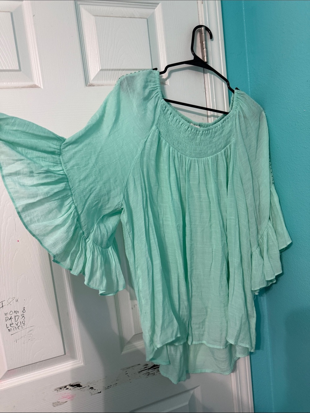 Cato, Light Aqua Ruffled Sleeve Peasant Top